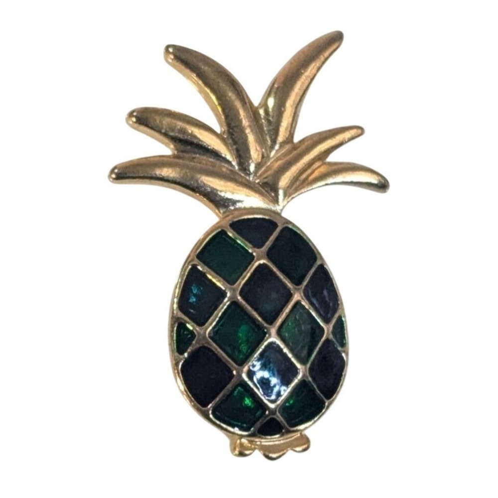 Gold-Tone Green Enamel Pineapple Brooch Pin Friendship Hospitality Tropical‎